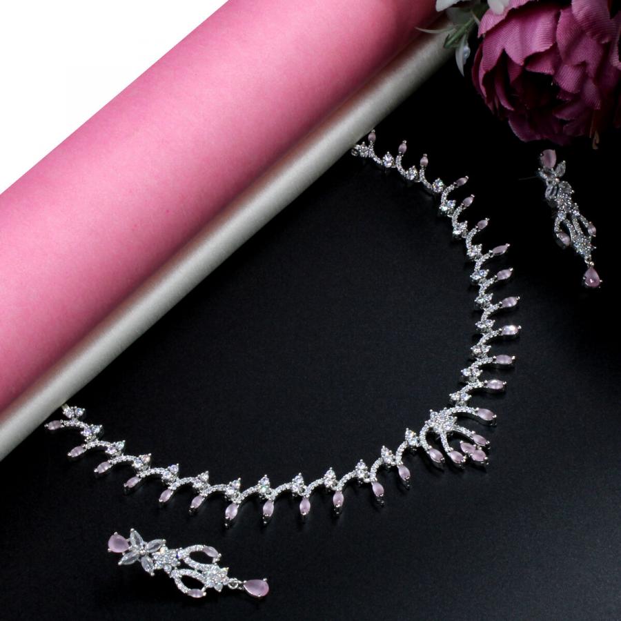Orlenna Pink & White American Diamond Studded Short Necklace Set
