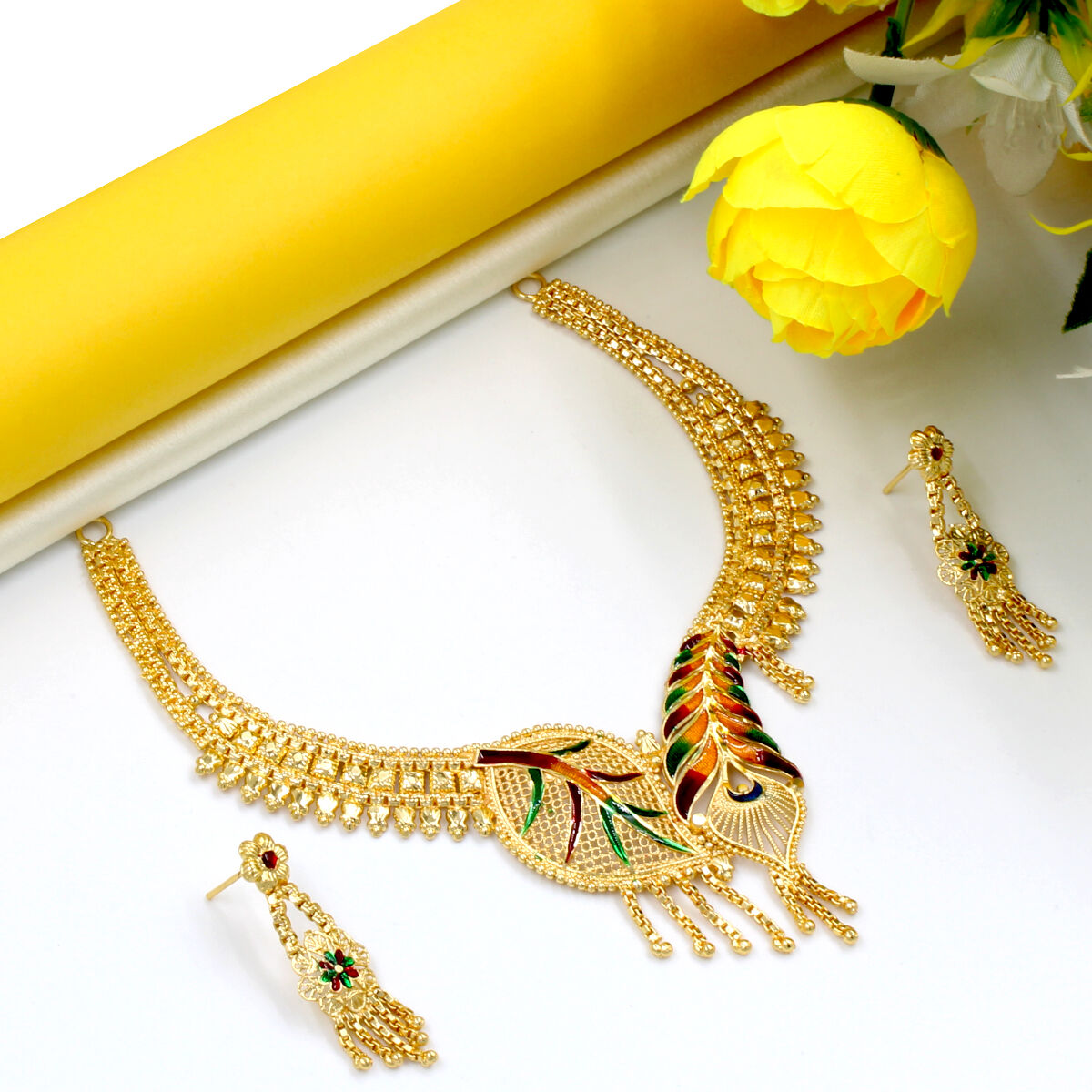 Elegant Gold Plated Meenakari Necklace Set Short