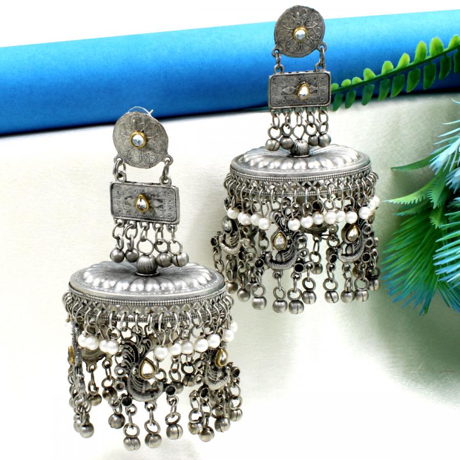 Large Oxidised Kundan & Pearls Earring Set Jhumka