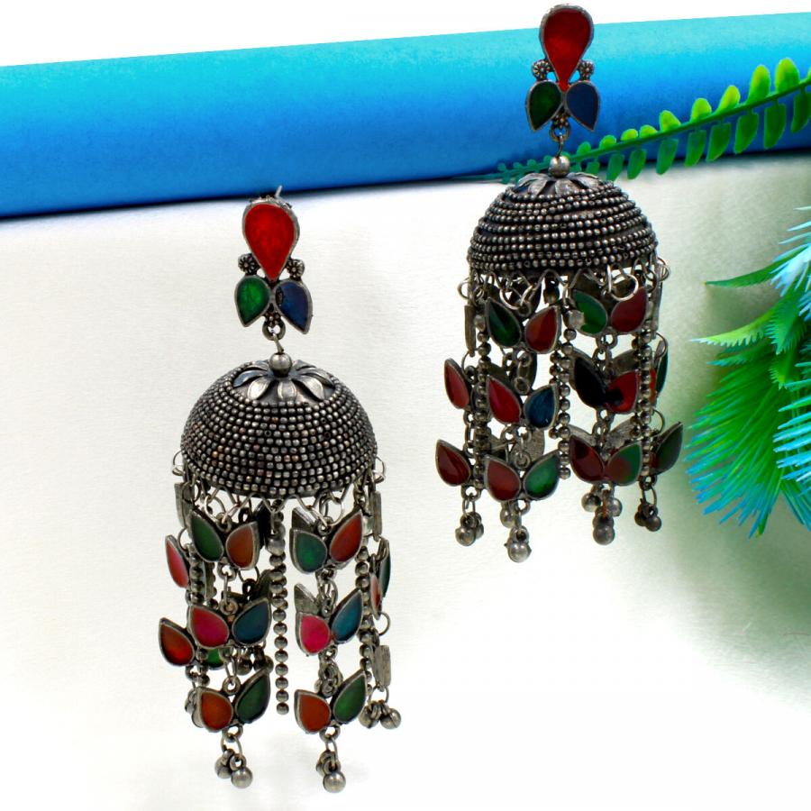 Orlenna Black Oxidised Meenakari Earring Set Jhumka
