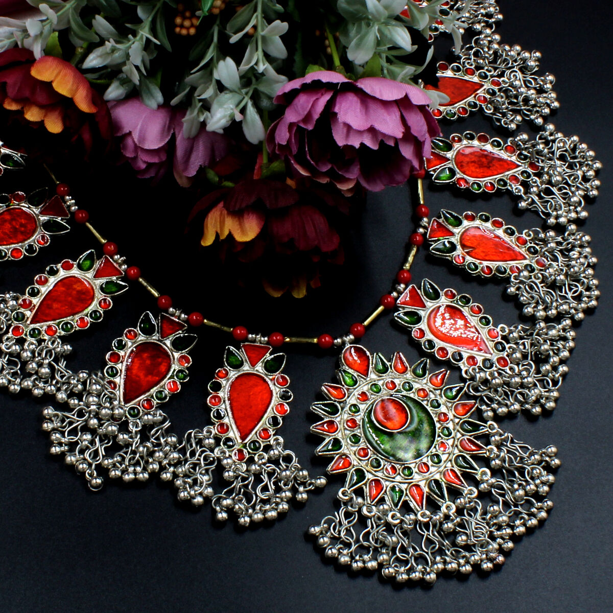 Orlenna Tribal Oxidised Meenakari Necklace Set Long