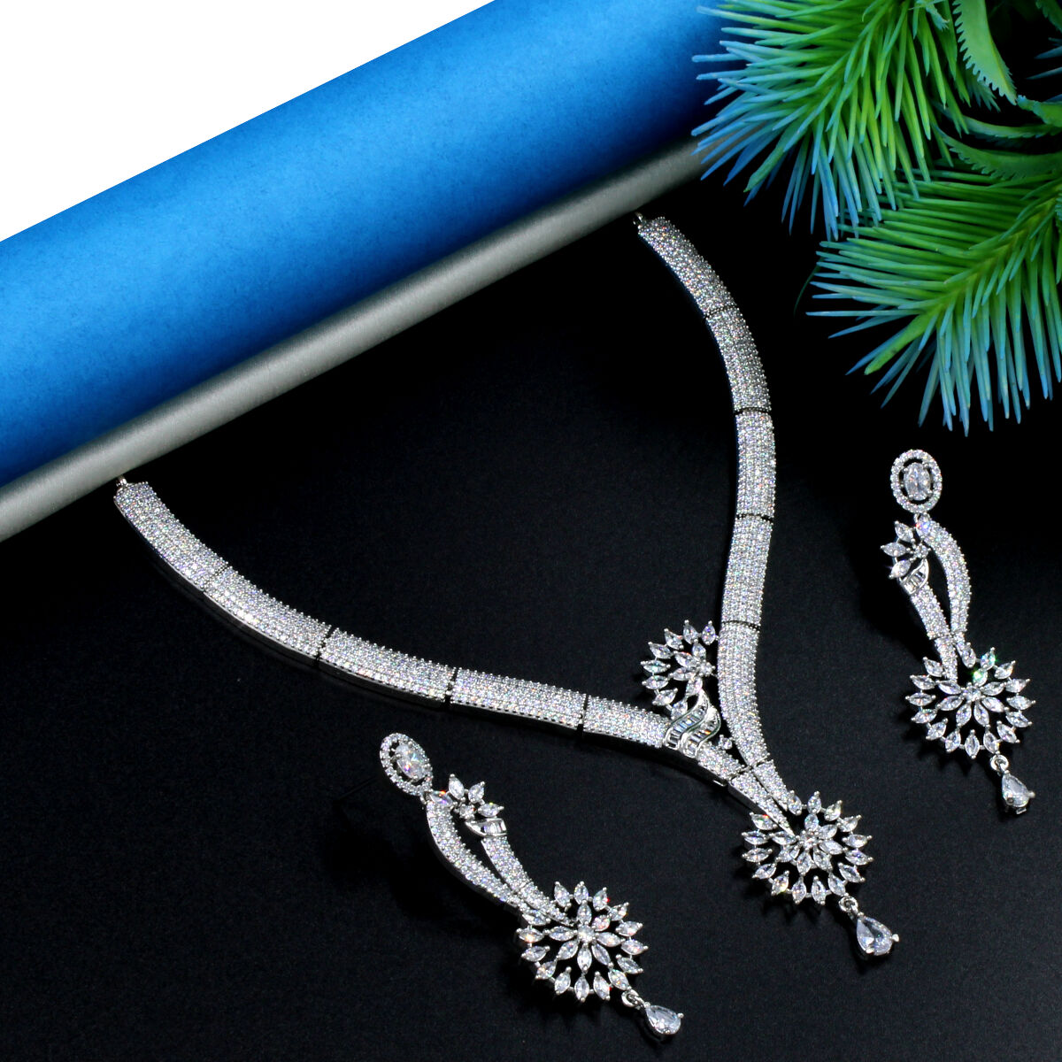 Orlenna American Diamond Glittering Necklace Set Short