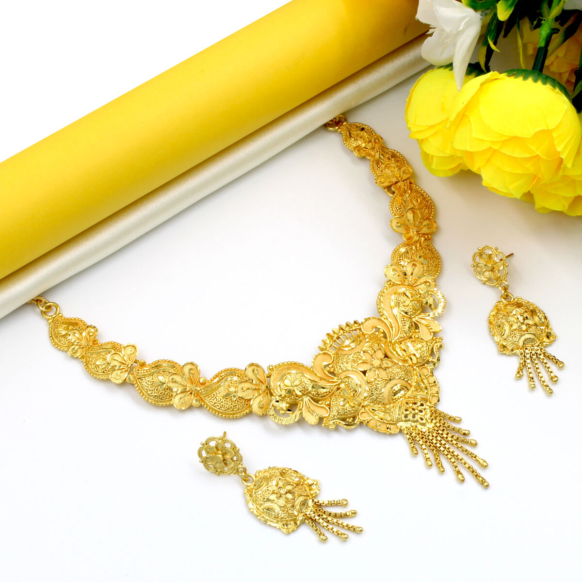 Orlenna Ethnic Gold Plated Necklace Set Short