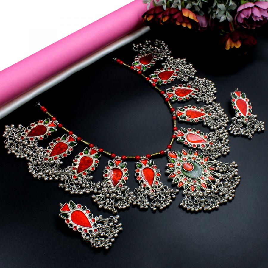 Orlenna Tribal Oxidised Meenakari Necklace Set Long