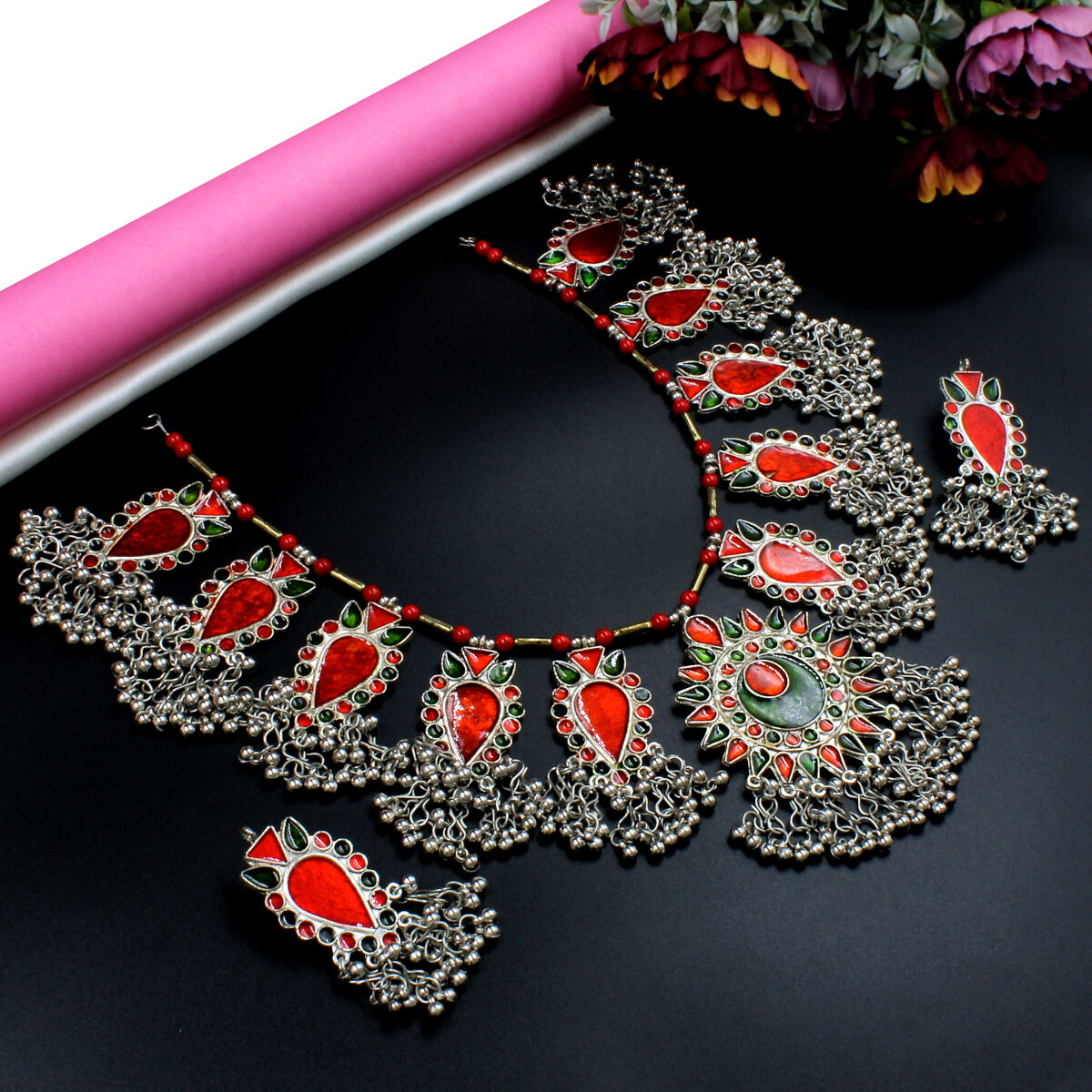 Orlenna Tribal Oxidised Meenakari Necklace Set Long