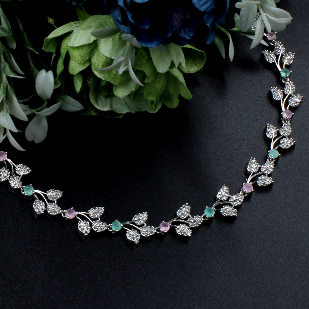 Multicolor vine American Diamond Necklace Set Short
