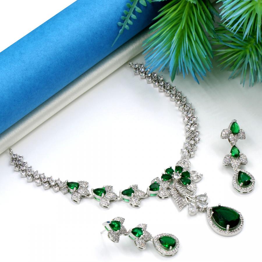 Green Petals American Diamond Necklace Set Short