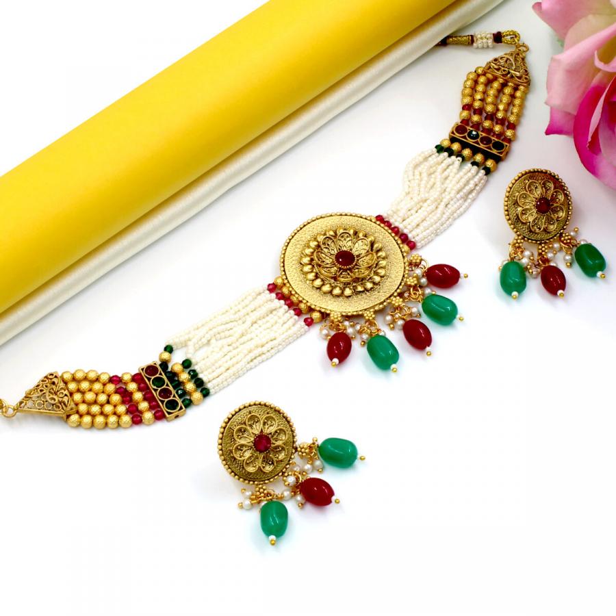 Orlenna Dazzle Rajwadi Pearl & Crystal Beads Choker