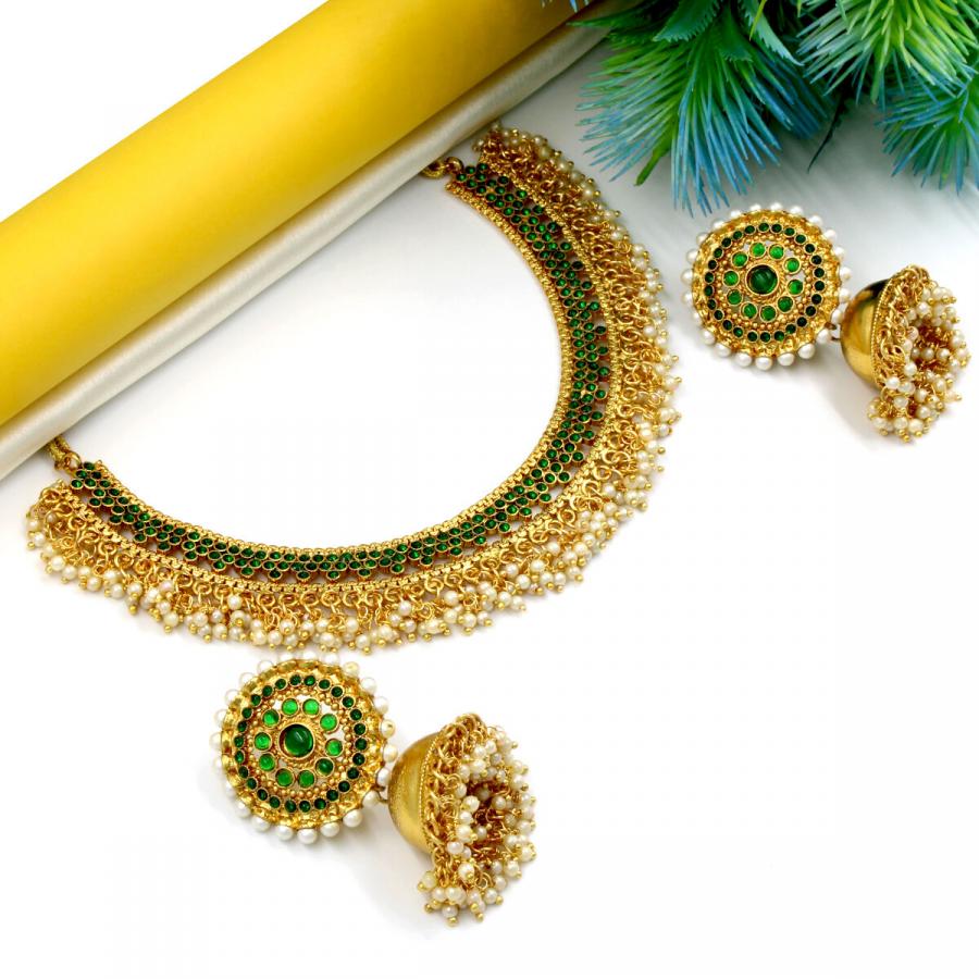 Orlenna Sparkling Rajwadi Pearl & Crystal Beads Choker